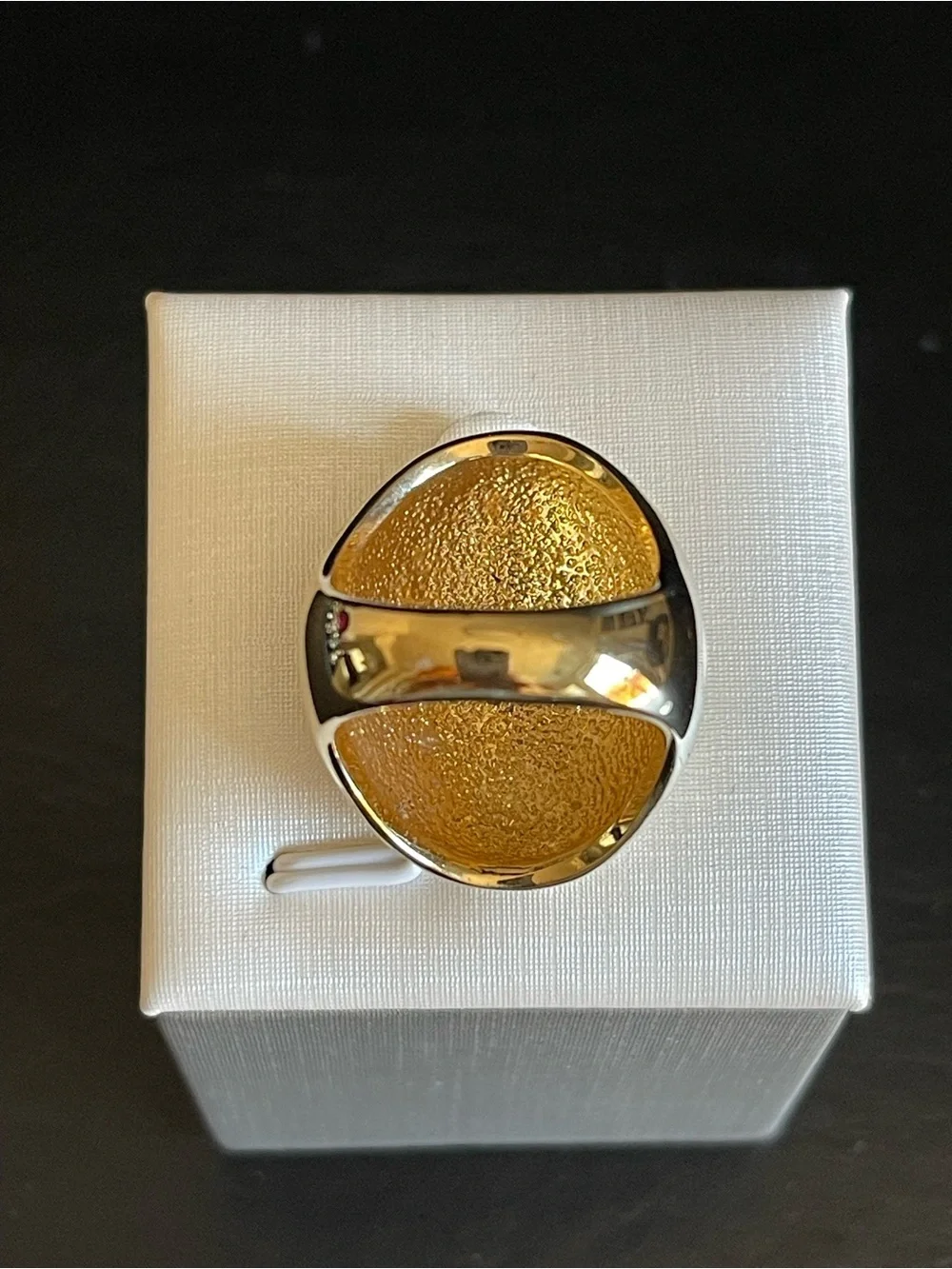 White and Gold Enamel Dome Statement Ring .